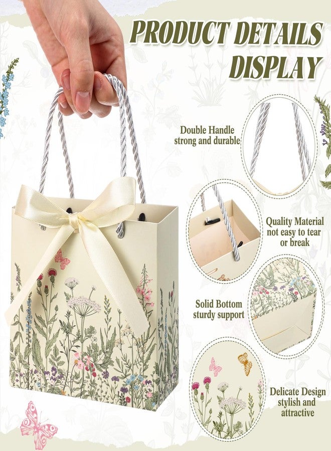 Moinchore 30 Pcs Vintage Wildflower Paper Gift Bags Bulk 5.5 x 4.7 x 2.5'' Mini Flower Plant Favor Bags with Handles Bow Ribbon Wrap for Spring Summer Birthday Home Wedding Party Supplies - Image 3
