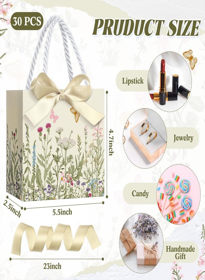 Moinchore 30 Pcs Vintage Wildflower Paper Gift Bags Bulk 5.5 x 4.7 x 2.5'' Mini Flower Plant Favor Bags with Handles Bow Ribbon Wrap for Spring Summer Birthday Home Wedding Party Supplies - Image 2
