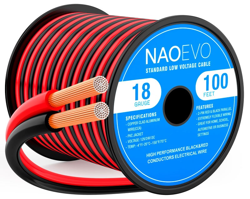 NAOEVO 18 Gauge Wire 100FT, 2 Conductors Electrical Wire Red Black Cable, Flexible/Low Voltage/PVC 18 AWG Copper Clad Aluminum Extension Cord for Speaker, LED Strips, Automotive 12V/24V DC - Image 1