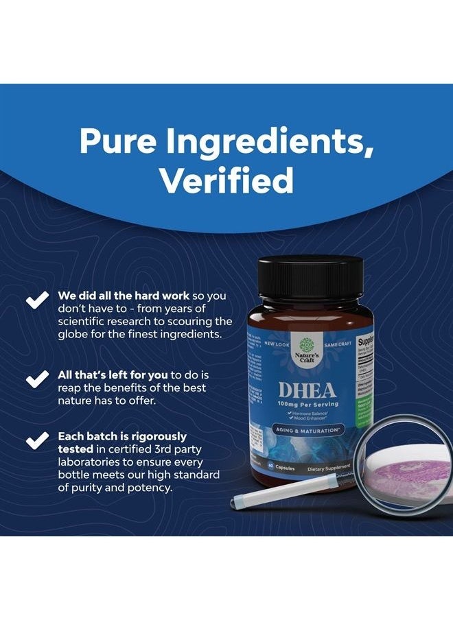 Natures Craft - Pure DHEA Supplement for Women and Men - DHEA 100mg Thyroid Support for Women Health Immune Support Bone Health and Mood Support Supplement - DHEA for Women Energy Supplement and Wellness Supplement - Image 1