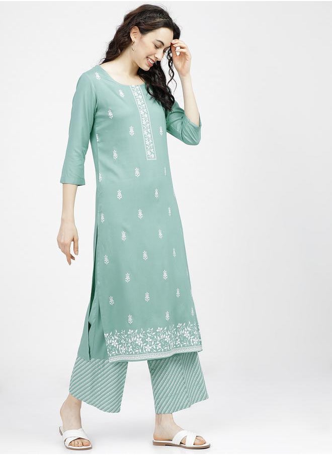 Vishudh Women Green Printed Kurta and Palazzo Set by Styli  - Image 5