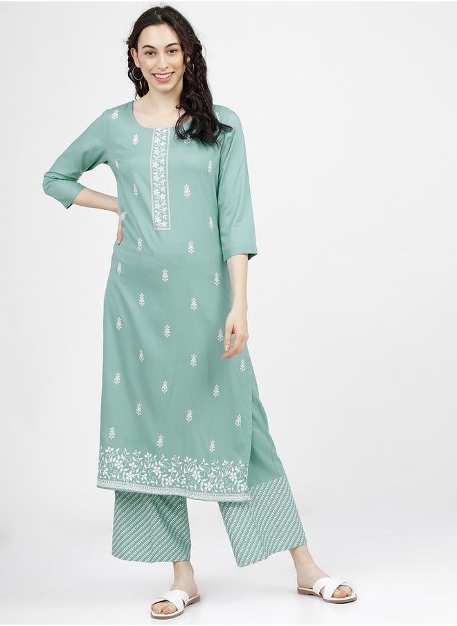 Vishudh Women Green Printed Kurta and Palazzo Set by Styli  - Image 1