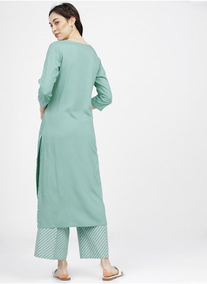 Vishudh Women Green Printed Kurta and Palazzo Set by Styli  - Image 3