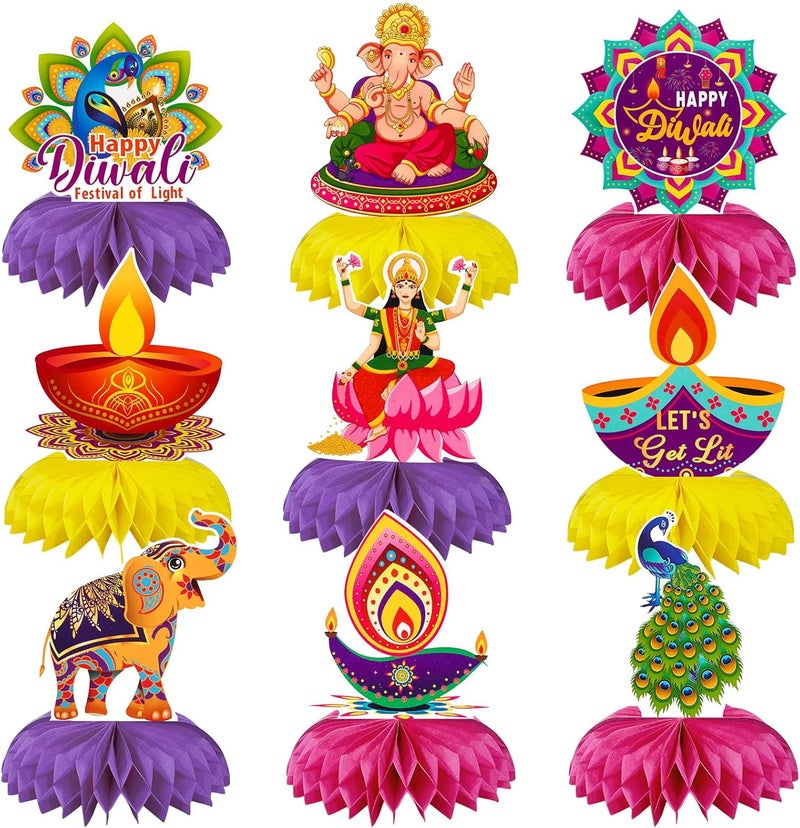 Konsait تزيينات ديوالي السعيدة 9 قطع من كونسايت، مركزيات عسلية لحفلات ديوالي لمراكز الطاولات، تزيينات ديوالي للمنزل، ديكور هندي، تزيينات ضوء ديوالي للحفلات - Image 1