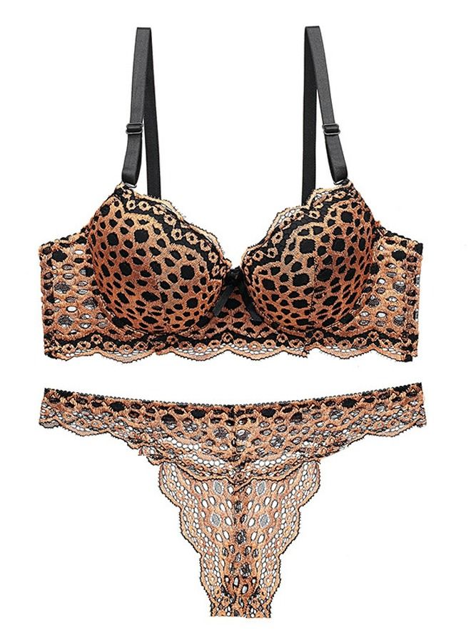 Gold And Black Color Matching Leopard Grain Lace Bra Panty Set