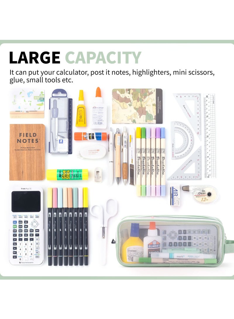 Excefore Large Capacity Pencil Case, Grid Mesh Pencil Case, 2 Compartment Pen Bag, Clear Handheld Pencil Pouch Transparent Makeup Bag for College School Office Teen Girl Boy Women Men Adult (Green) - Image 3