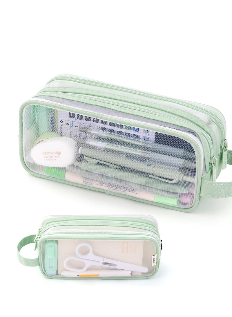 Excefore Large Capacity Pencil Case, Grid Mesh Pencil Case, 2 Compartment Pen Bag, Clear Handheld Pencil Pouch Transparent Makeup Bag for College School Office Teen Girl Boy Women Men Adult (Green) - Image 1