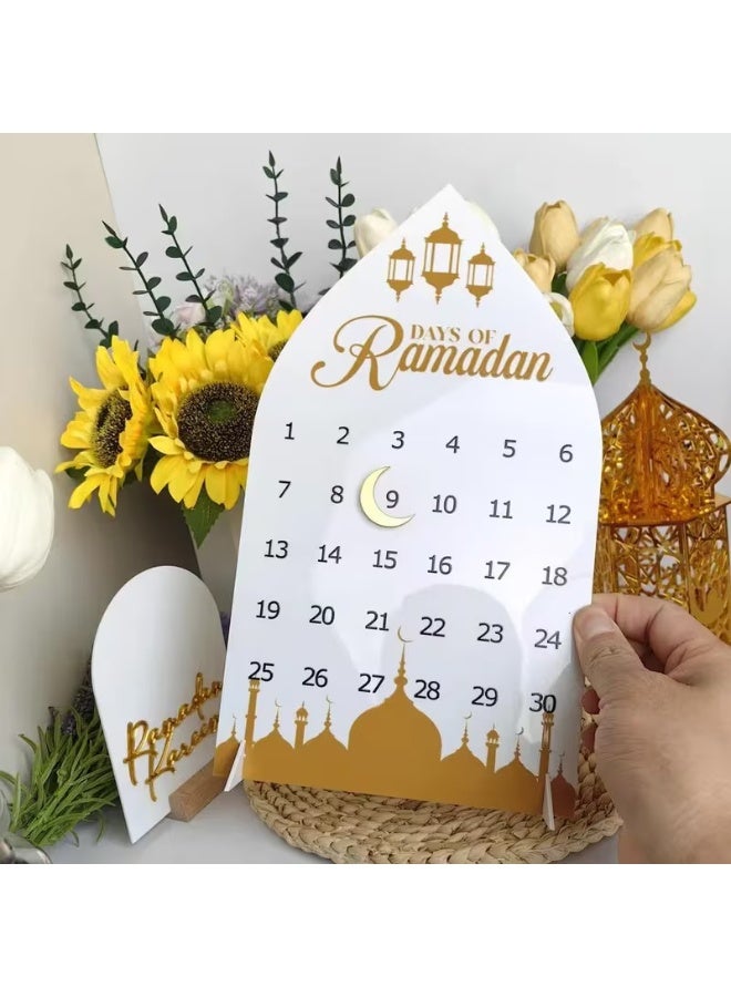 ميون تقويم رمضان ثنائي الأبعاد مسطح، 30 يومًا للعد التنازلي - تقويم إسلامي عالي الجودة لعيد الفطر مع تواريخ عربية/إنجليزية وأيام مرقمة - ديكور عصري لمكتب المنزل في رمضان، مخطط عد تنازلي 30 يومًا، ثنائي الأبعاد مسطح - Image 1