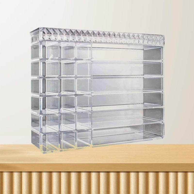 PRIME PICK منظم مكياج برايم بيك لسطح الطاولة بلاستيك شفاف 6 أقسام منظم لوحات ظلال العيون و 18 مساحة لحامل أحمر الشفاه منظم الحمام لمنتجات التجميل والمجوهرات والعناية بالأظافر والعناية بالبشرة - Image 5