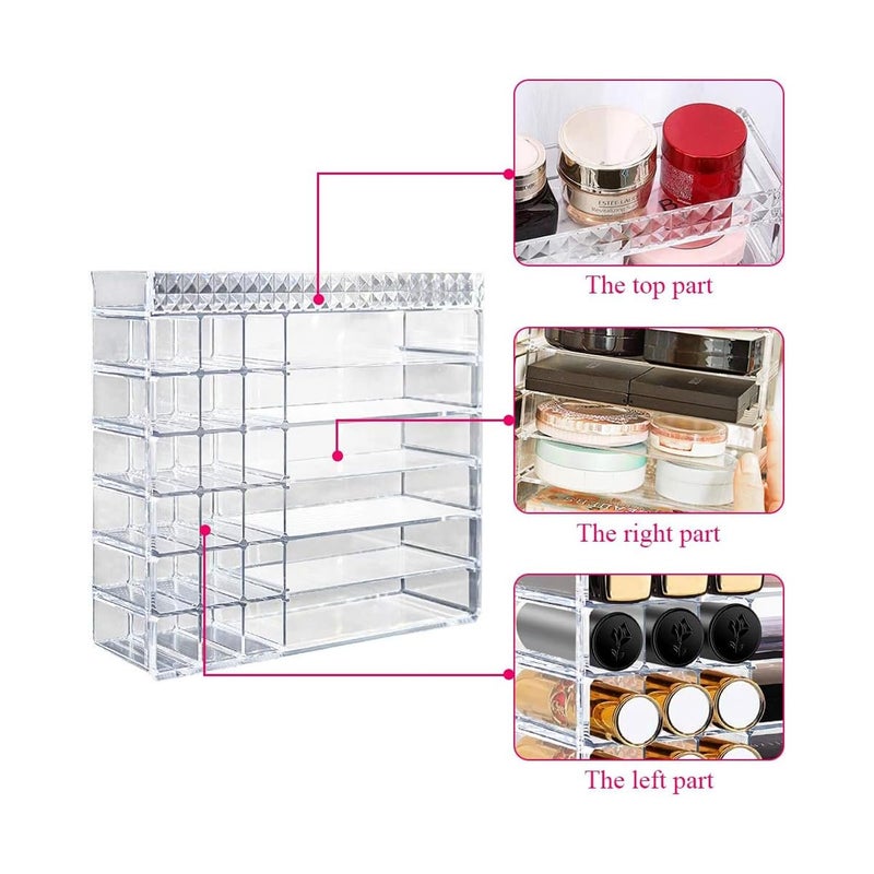 PRIME PICK منظم مكياج برايم بيك لسطح الطاولة بلاستيك شفاف 6 أقسام منظم لوحات ظلال العيون و 18 مساحة لحامل أحمر الشفاه منظم الحمام لمنتجات التجميل والمجوهرات والعناية بالأظافر والعناية بالبشرة - Image 3
