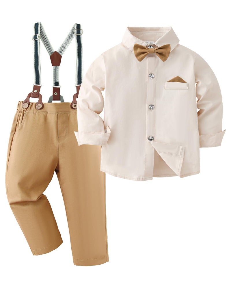 DISAUR Boy Dress Outfit Gentleman Wedding Outfits Beige Dress Shirt With Bowtie/Suspender Pants for Family Gatherings 8-9 Years - Image 1