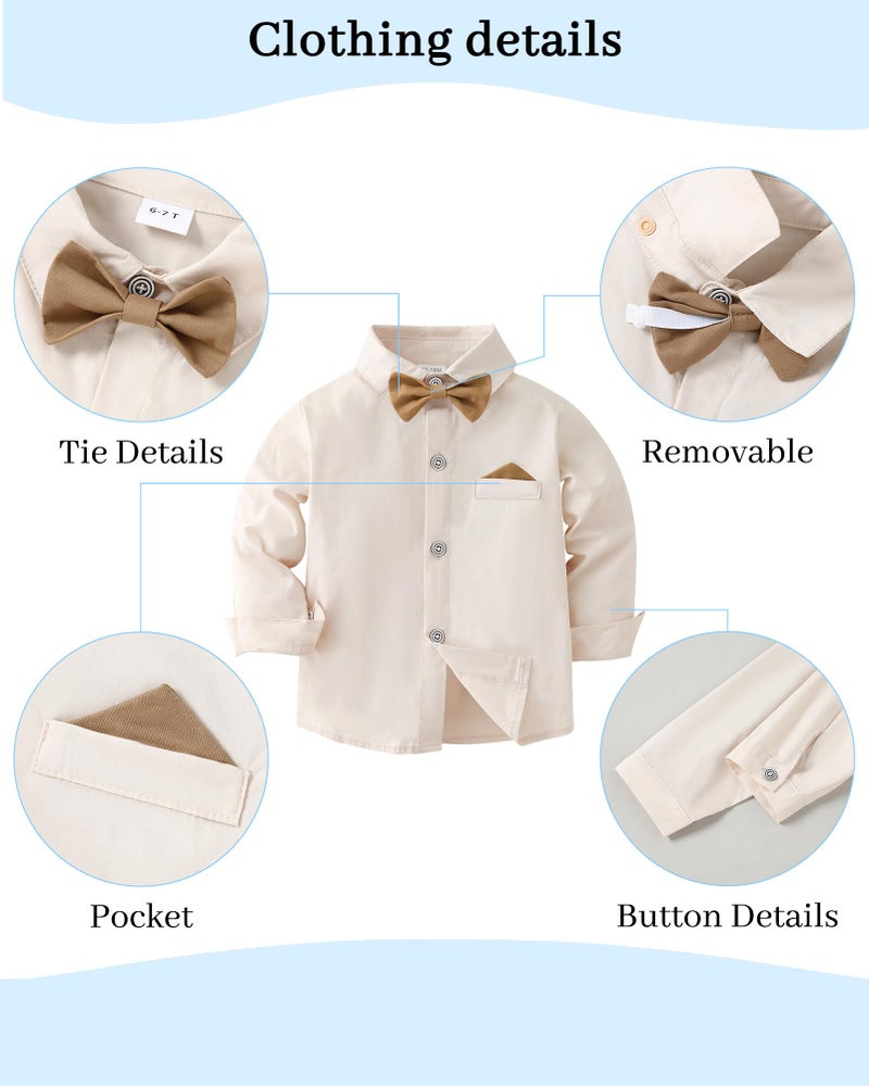 DISAUR Boy Dress Outfit Gentleman Wedding Outfits Beige Dress Shirt With Bowtie/Suspender Pants for Family Gatherings 8-9 Years - Image 4
