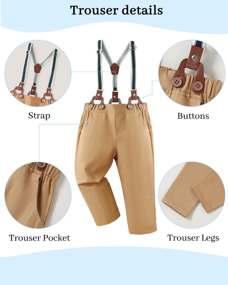DISAUR Boy Dress Outfit Gentleman Wedding Outfits Beige Dress Shirt With Bowtie/Suspender Pants for Family Gatherings 8-9 Years - Image 5
