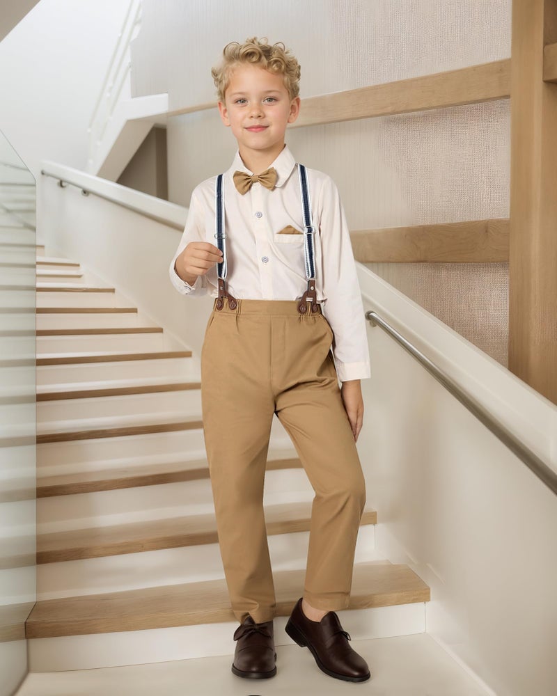 DISAUR Boy Dress Outfit Gentleman Wedding Outfits Beige Dress Shirt With Bowtie/Suspender Pants for Family Gatherings 8-9 Years - Image 3
