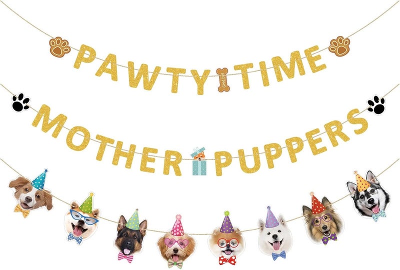 3 Pieces Lets Pawty Banner Gold Glitter Mother Puppers Pawty Time Banners for Dog Birthday Party Supplies and Decorations