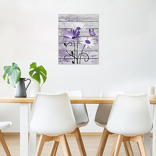 HVEST Farmhouse Floral Wall Art for Living Room, Purple and White Daisy Flower and Butterfly on Rustic Wood Board Canvas Wall Art Framed Artwork Ready to Hang for Bathroom Bedroom Decor, 16L X 12W - Image 3