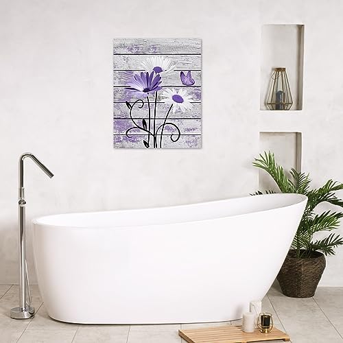 HVEST Farmhouse Floral Wall Art for Living Room, Purple and White Daisy Flower and Butterfly on Rustic Wood Board Canvas Wall Art Framed Artwork Ready to Hang for Bathroom Bedroom Decor, 16L X 12W - Image 5