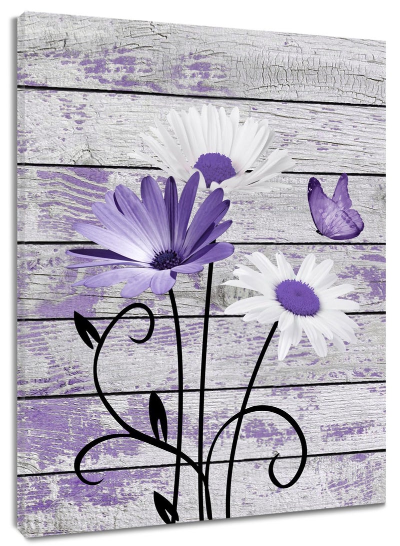 HVEST Farmhouse Floral Wall Art for Living Room, Purple and White Daisy Flower and Butterfly on Rustic Wood Board Canvas Wall Art Framed Artwork Ready to Hang for Bathroom Bedroom Decor, 16L X 12W - Image 1