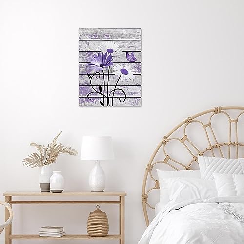 HVEST Farmhouse Floral Wall Art for Living Room, Purple and White Daisy Flower and Butterfly on Rustic Wood Board Canvas Wall Art Framed Artwork Ready to Hang for Bathroom Bedroom Decor, 16L X 12W - Image 4