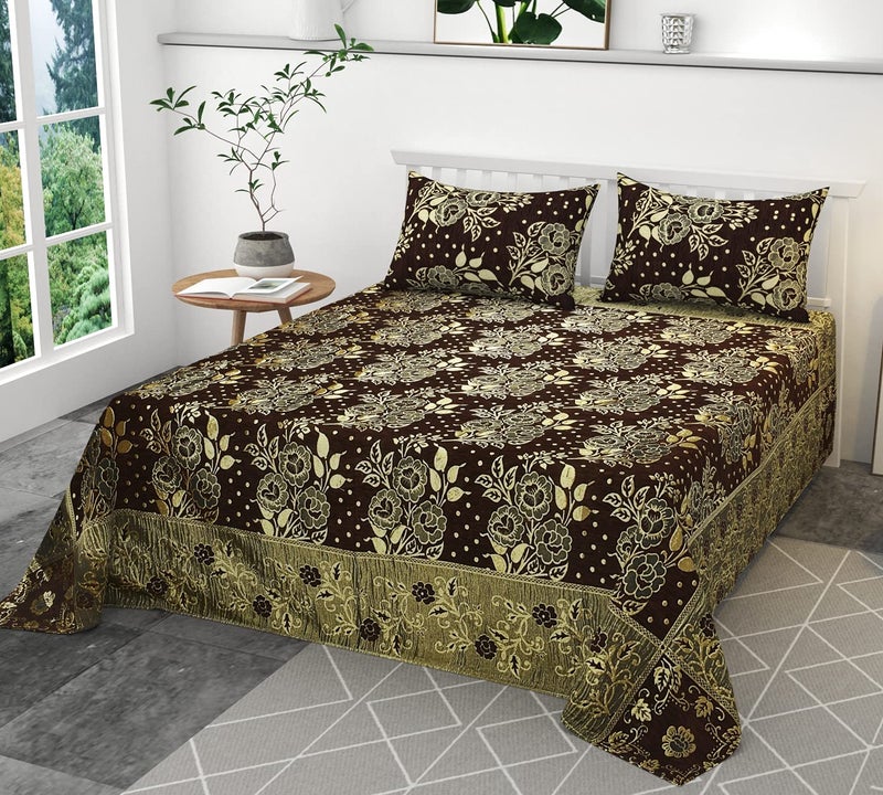 jayvaam Velvet Queen Size Bedsheet Set, 3 Piece Jaquard Weaved Long Life bedsheet with 2 Pillow Covers, Coffee Colour (Cream) - Image 4