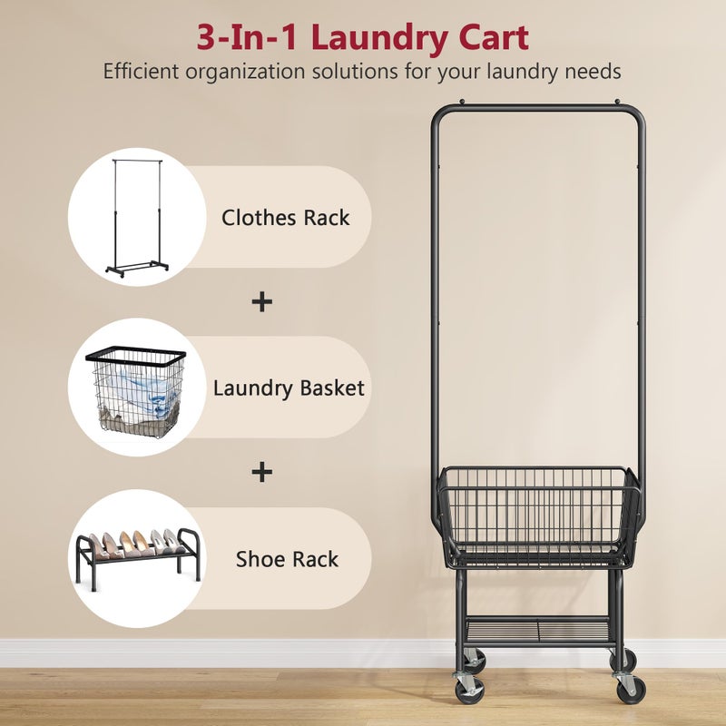 Tajsoon Laundry Cart with Hanging Rack, Metal Laundry Basket with Wheels, Laundry Hamper with Storage Basket and Shelf, Rolling Laundry Cart with Wheels, Black - Image 3