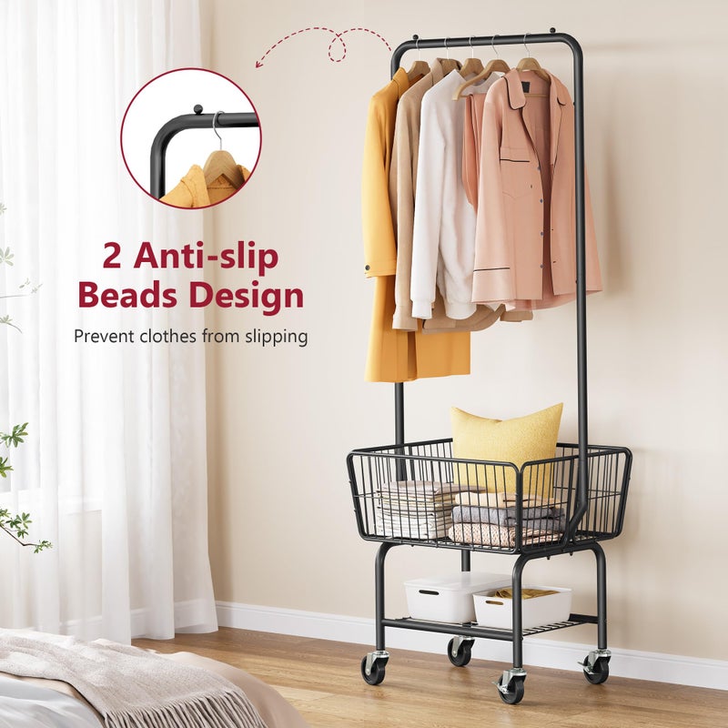 Tajsoon Laundry Cart with Hanging Rack, Metal Laundry Basket with Wheels, Laundry Hamper with Storage Basket and Shelf, Rolling Laundry Cart with Wheels, Black - Image 5