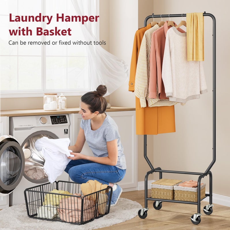 Tajsoon Laundry Cart with Hanging Rack, Metal Laundry Basket with Wheels, Laundry Hamper with Storage Basket and Shelf, Rolling Laundry Cart with Wheels, Black - Image 2