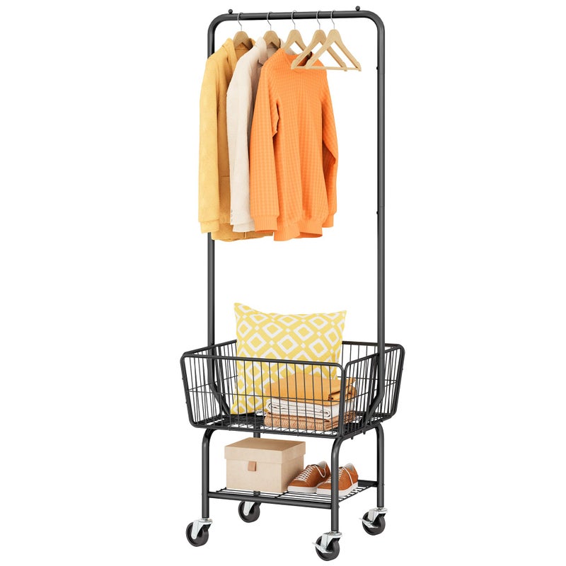 Tajsoon Laundry Cart with Hanging Rack, Metal Laundry Basket with Wheels, Laundry Hamper with Storage Basket and Shelf, Rolling Laundry Cart with Wheels, Black - Image 1