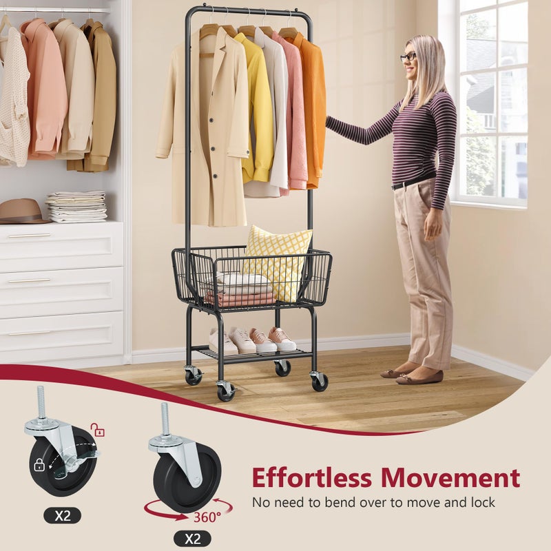 Tajsoon Laundry Cart with Hanging Rack, Metal Laundry Basket with Wheels, Laundry Hamper with Storage Basket and Shelf, Rolling Laundry Cart with Wheels, Black - Image 4