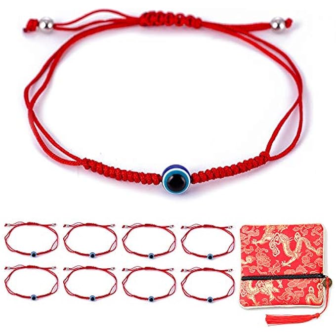 rayihni 8 Pieces Evil Eye Red Kabbalah String Bracelets For Women Men Boys Girls Protection Amulet Storage Gift Bag With Long Tassels, Cotton - Image 1