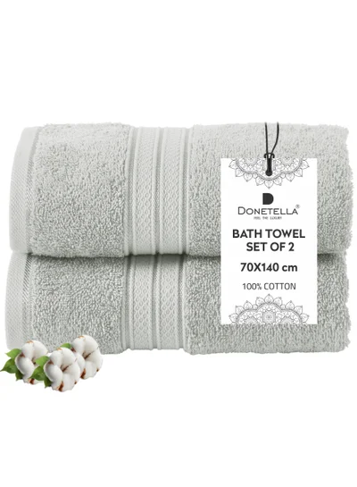 Donetella Premium 100 % Combed Cotton 2-Pcs Bath Towel Set (70 X 140 CM) 600 GSM Large Towel, Highly Absorbent, Quick Dry,Best Towel for Bathroom, Spa And Hotel,Grey