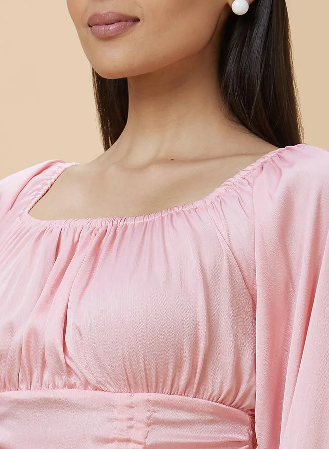 globus Globus Solid Square Neck Balloon Sleeve Crop Top