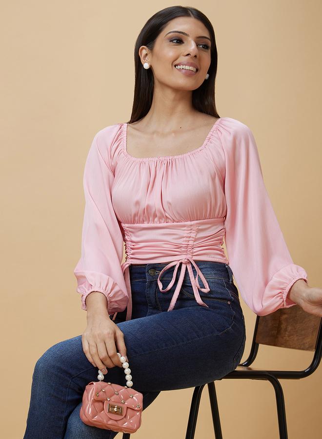 Globus Solid Square Neck Balloon Sleeve Crop Top - Image 1