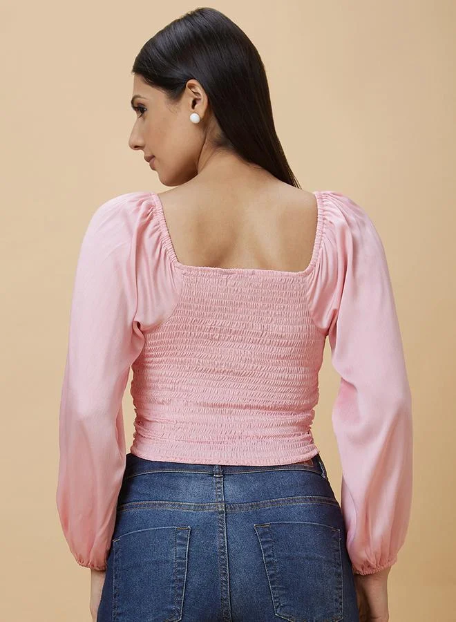 globus Globus Solid Square Neck Balloon Sleeve Crop Top