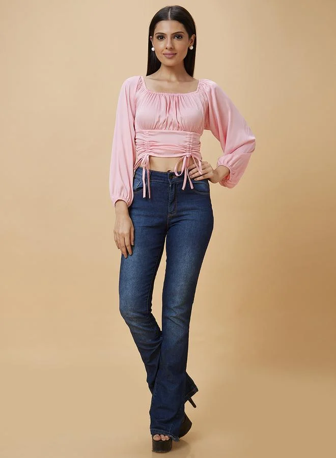 globus Globus Solid Square Neck Balloon Sleeve Crop Top