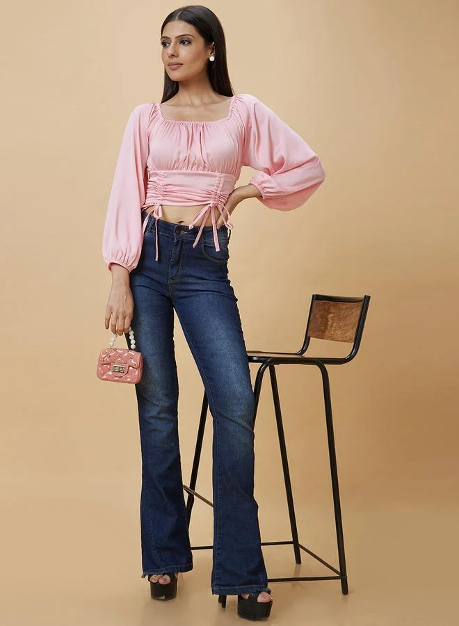 globus Globus Solid Square Neck Balloon Sleeve Crop Top