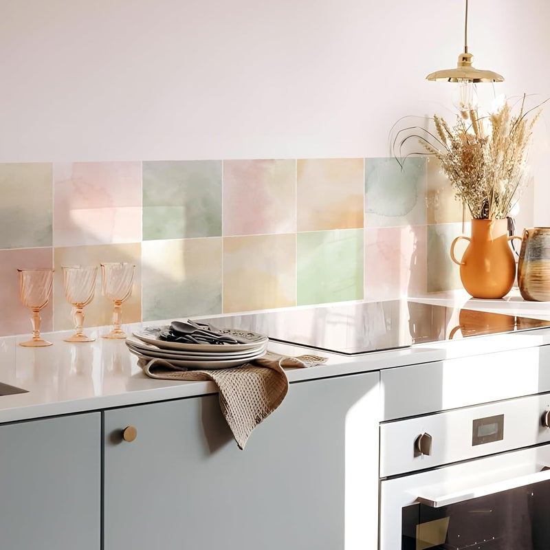 Alwayspon Self-Adhesive Vinyl Wall Tile Stickers, 10Pcs 15cm/6inch Peel and Stick on Tiles Transfer Vinyl Flooring Waterproof Splashback for Kitchen Bathroom, Watercolour - Image 5