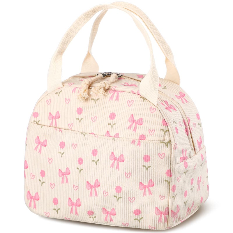 Dansydaisy Pink Flower and Bow Lunch Bag Cute Corduroy Insulated Lunch Box for Women Coquette Tote Bag Reusable Large Capacity Cooler Containers Preppy Stuff Gifts for Picnics Travel Outdoor - Image 1