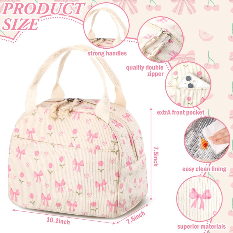 Dansydaisy Pink Flower and Bow Lunch Bag Cute Corduroy Insulated Lunch Box for Women Coquette Tote Bag Reusable Large Capacity Cooler Containers Preppy Stuff Gifts for Picnics Travel Outdoor - Image 2
