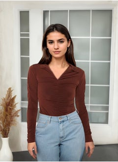 Brown Slim Pleated Polo Neck Stretchy Knitted Blouse TWOAW23BZ00249