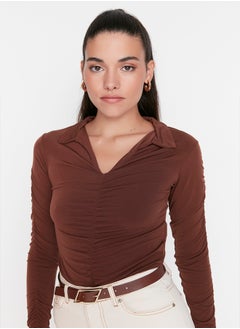 trendyol Brown Slim Pleated Polo Neck Stretchy Knitted Blouse TWOAW23BZ00249  - Image 2