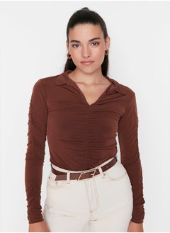 trendyol Brown Slim Pleated Polo Neck Stretchy Knitted Blouse TWOAW23BZ00249  - Image 4