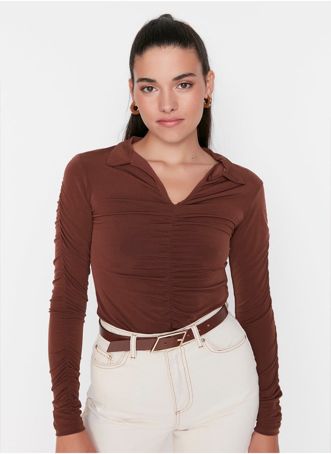 trendyol - Brown Slim Pleated Polo Neck Stretchy Knitted Blouse TWOAW23BZ00249 - Image 1