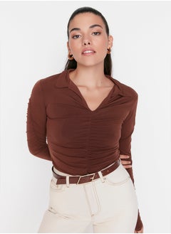 trendyol Brown Slim Pleated Polo Neck Stretchy Knitted Blouse TWOAW23BZ00249  - Image 3