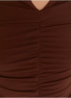 trendyol Brown Slim Pleated Polo Neck Stretchy Knitted Blouse TWOAW23BZ00249  - Image 5