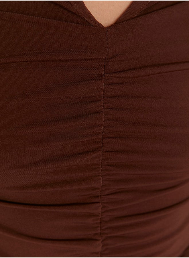 trendyol - Brown Slim Pleated Polo Neck Stretchy Knitted Blouse TWOAW23BZ00249 - Image 1