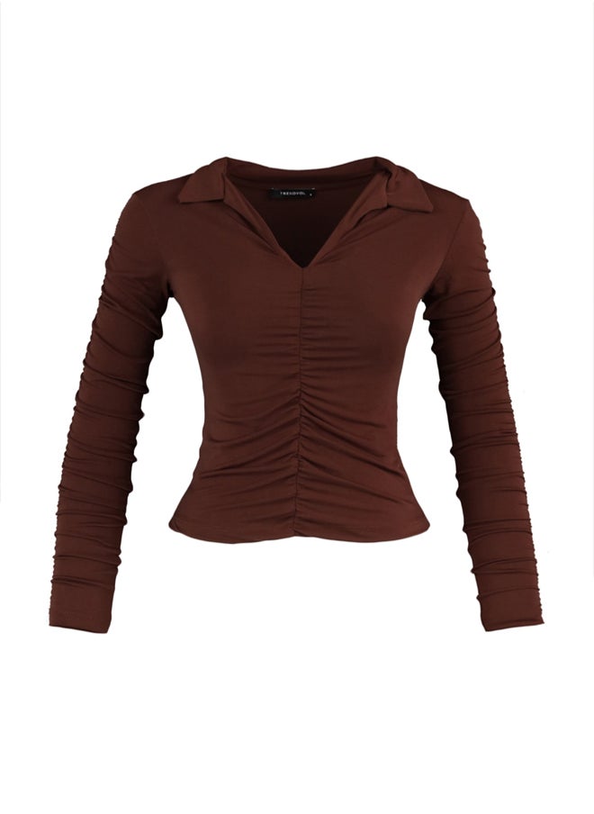 trendyol - Brown Slim Pleated Polo Neck Stretchy Knitted Blouse TWOAW23BZ00249 - Image 1