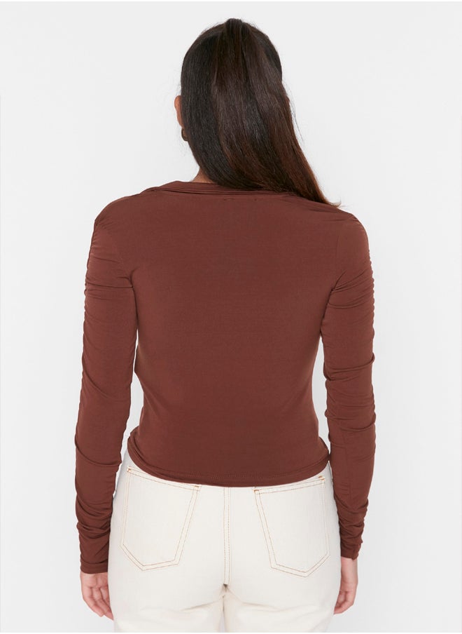 trendyol - Brown Slim Pleated Polo Neck Stretchy Knitted Blouse TWOAW23BZ00249 - Image 1