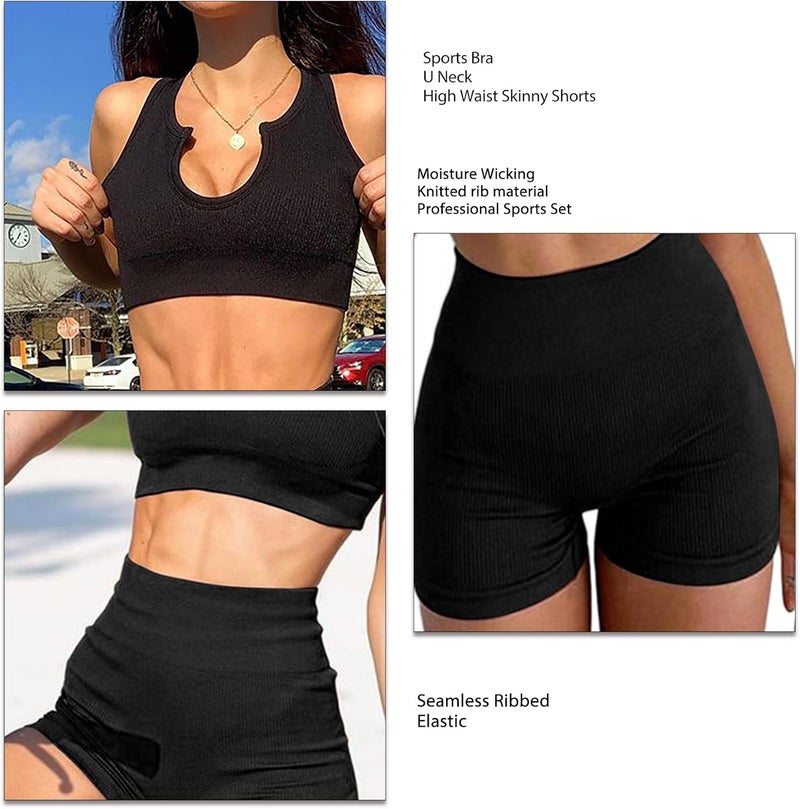 klarako Seamless Workout Set Women 2 Piece Ribbed Yoga Outfits Sports Bra Sleeveless Crop Tank Top High Waist Leggings Tracksuit - Image 2