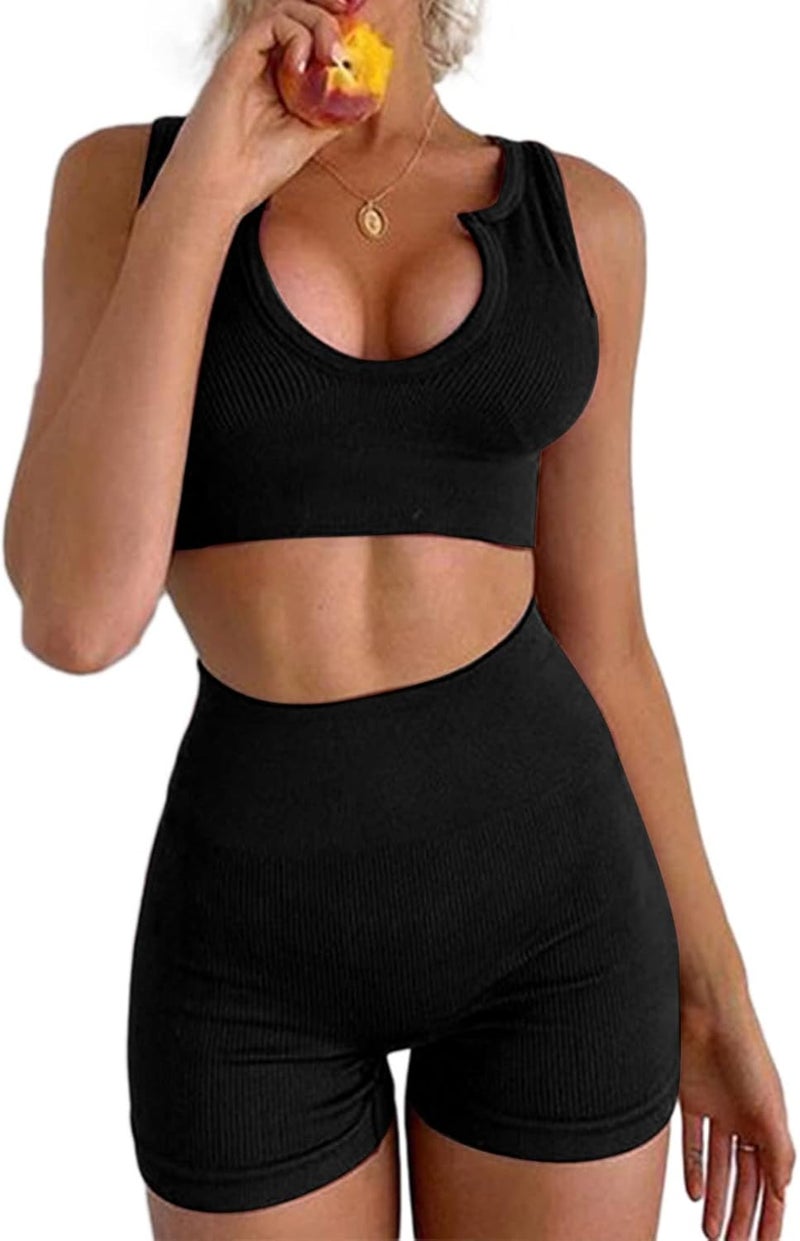 klarako Seamless Workout Set Women 2 Piece Ribbed Yoga Outfits Sports Bra Sleeveless Crop Tank Top High Waist Leggings Tracksuit - Image 1